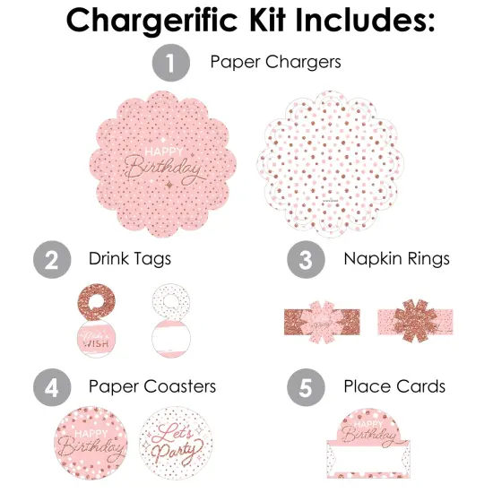 Big Dot of Happiness Pink Rose Gold Birthday - Happy Birthday Party Paper Charger and Table Decorations - Chargerific Kit - Place Setting for 8 {4}