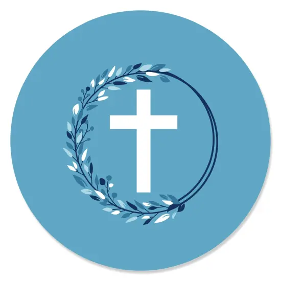 Big Dot of Happiness Blue Elegant Cross - Boy Religious Party Circle Sticker Labels - 24 Count {1}