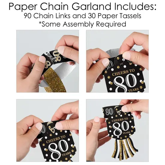 Big Dot of Happiness Adult 80th Birthday - Gold - 90 Chain Links and 30 Paper Tassels Decoration Kit - Birthday Party Paper Chains Garland - 21 feet {6}