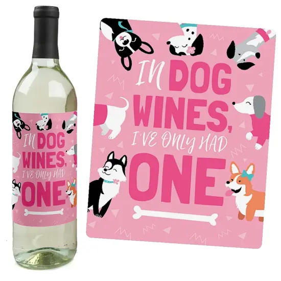 Big Dot of Happiness Pawty Like a Puppy Girl - Pink Dog Baby Shower or Birthday Party Decor for Women and Men - Wine Bottle Label Stickers - Set of 4 {3}