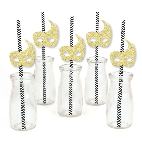 Big Dot of Happiness Gold Glitter Masks Party Straws - No-Mess Real Glitter Cut-Outs & Decorative Masquerade Mardi Gras Party Paper Straws - Set of 24 {3}