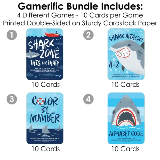 Big Dot of Happiness Shark Zone - 4 Jawsome Shark Party or Birthday Party Games - 10 Cards Each - Gamerific Bundle {4}