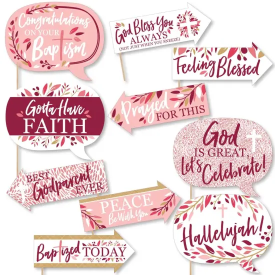 Big Dot of Happiness Funny Baptism Pink Elegant Cross - Girl Religious Party Photo Booth Props Kit - 10 Piece {1}