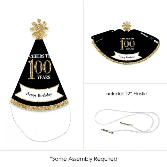 Big Dot of Happiness Adult 100th Birthday - Gold - Mini Cone Birthday Party Hats - Small Little Party Hats - Set of 8 {6}
