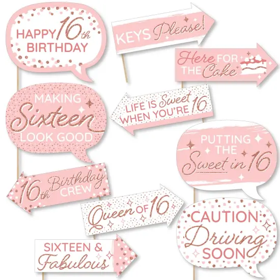 Big Dot of Happiness Funny 16th Pink Rose Gold Birthday - Happy Birthday Party Photo Booth Props Kit - 10 Piece {1}