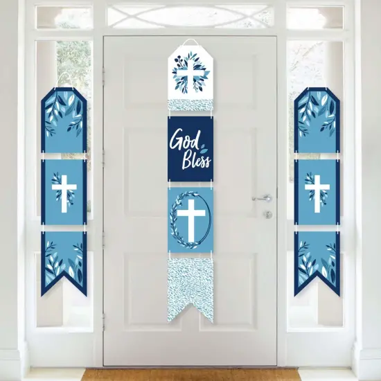 Big Dot of Happiness Blue Elegant Cross - Hanging Vertical Paper Door Banners - Boy Religious Party Wall Decoration Kit - Indoor Door Decor {1}