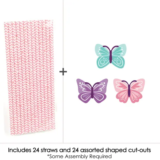 Big Dot of Happiness Beautiful Butterfly - Paper Straw Decor - Floral Baby Shower or Birthday Party Striped Decorative Straws - Set of 24 {4}