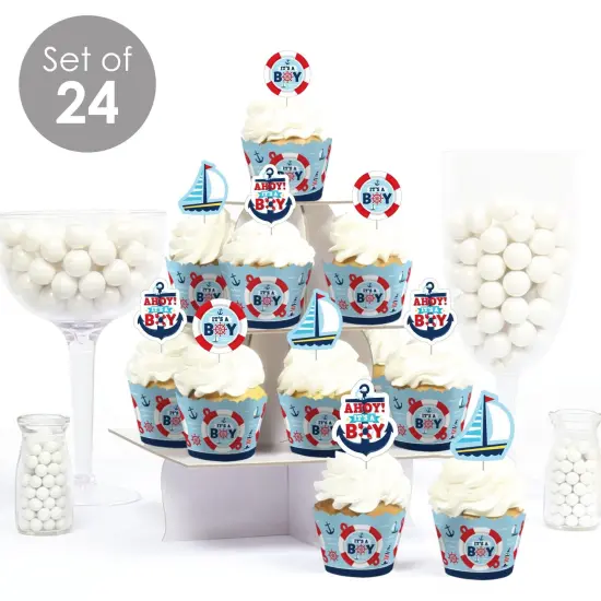 Big Dot of Happiness Ahoy It's a Boy - Cupcake Decoration - Nautical Baby Shower Cupcake Wrappers and Treat Picks Kit - Set of 24 {3}