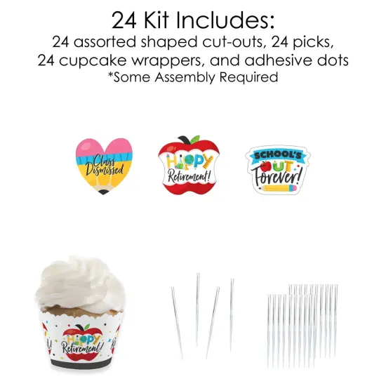 Big Dot of Happiness Teacher Retirement - Cupcake Decoration - Happy Retirement Party Cupcake Wrappers and Treat Picks Kit - Set of 24 {6}