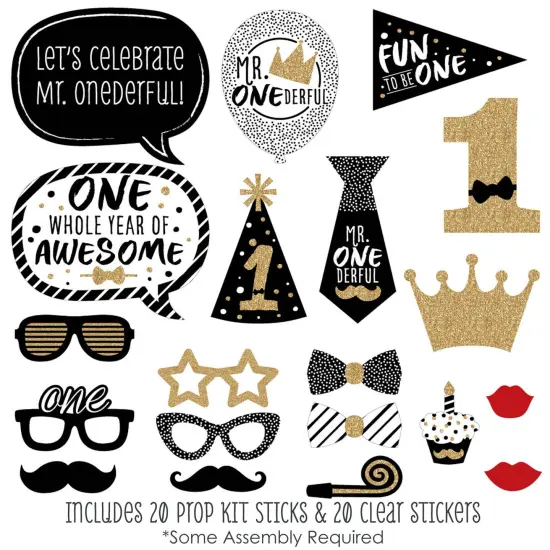 Big Dot of Happiness 1st Birthday Little Mr. Onederful - Boy First Birthday Party Photo Booth Props Kit - 20 Count {3}