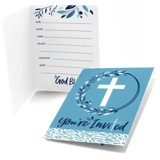 Big Dot of Happiness Blue Elegant Cross - Fill In Boy Religious Party Invitations (8 count) {1}