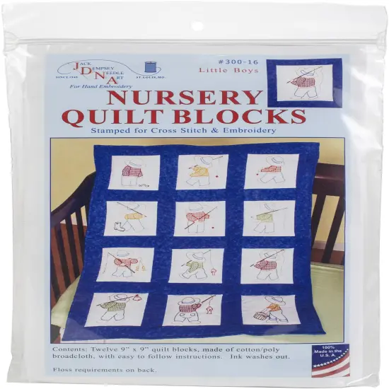 Jack Dempsey Stamped White Nursery Quilt Blocks 9"X9" 12/pkg-Little Boys {1}