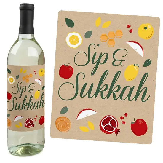 Big Dot of Happiness Sukkot - Sukkah Holiday Decorations for Women and Men - Wine Bottle Label Stickers - Set of 4 {4}