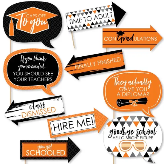 Big Dot of Happiness Funny Orange Graduation Party Photo Booth Props Kit - 10 Piece {1}