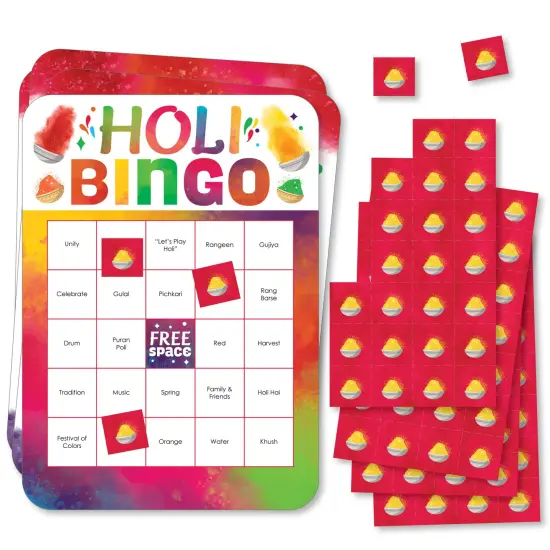 Big Dot of Happiness Holi Hai - Bingo Cards and Markers - Festival of Colors Party Shaped Bingo Game - Set of 18 {1}