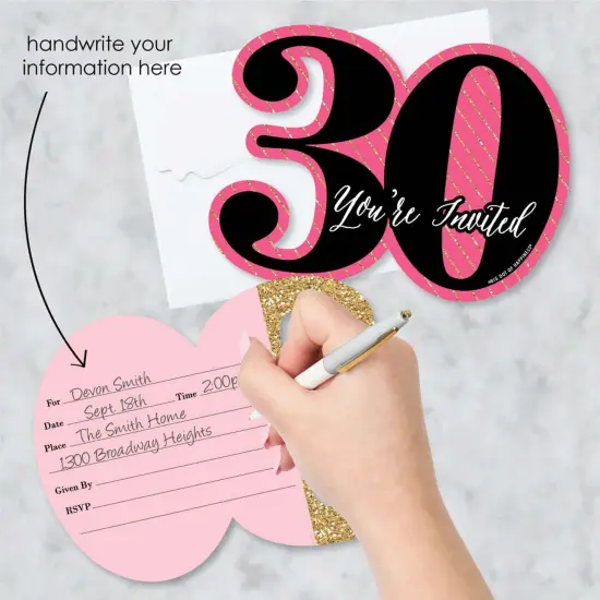 Big Dot of Happiness Chic 30th Birthday - Pink, Black and Gold - Shaped Fill-in Invites - Birthday Party Invitation Cards with Envelopes - Set of 12 {3}