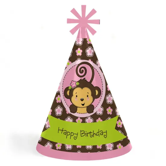 Big Dot of Happiness Pink Monkey Girl - Cone Happy Birthday Party Hats for Kids and Adults - Set of 8 (Standard Size) {1}