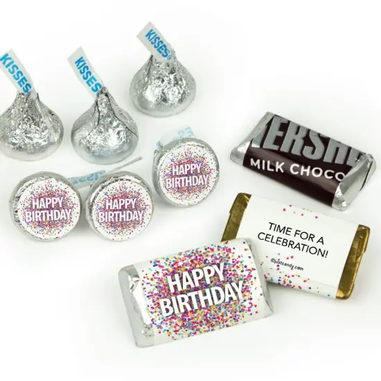 Birthday Candy Party Favors (Choose 100 Pcs Milk Chocolate Hershey's Kisses, 40 Pcs Wrapped Miniatures or Both) - Confetti Themed {1}