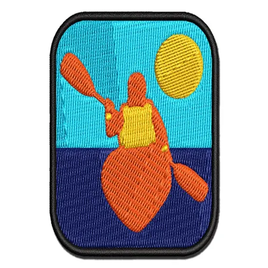Person Kayaking with Paddle Back Behind View Multi-Color Embroidered Iron-On or Hook & Loop Patch Applique {1}