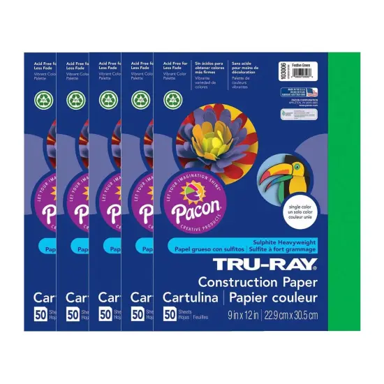Construction Paper, Festive Green, 9" x 12", 50 Sheets Per Pack, 5 Packs {1}