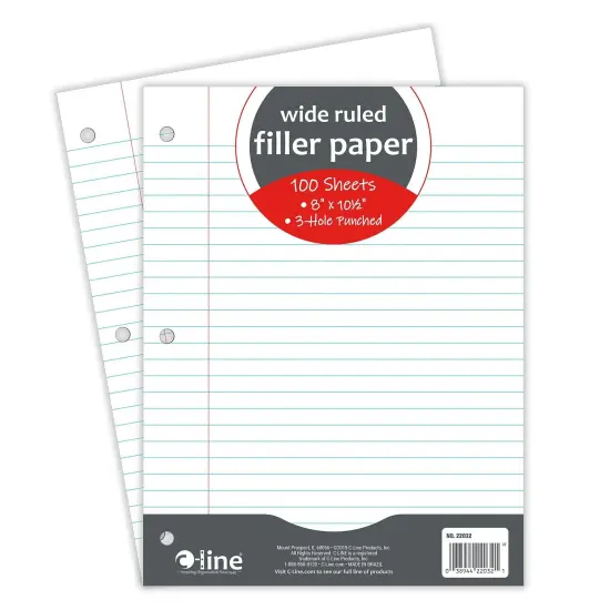 Filler Paper, Wide Ruled, 8" x 10-1/2", White, 100 Sheets Per Pack, 12 Packs {3}