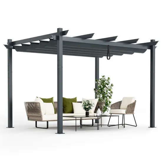 Costway 10x12ft Outdoor Aluminum Retractable Pergola Canopy Shelter Grape Trellis Beige/Gray {8}