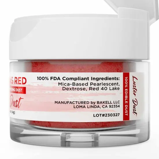 Bakell - Christmas Red Luster Dust (4g, 1x Jar) Edible Vegan Dust & Paint for Baking, Desserts and Beverages {6}