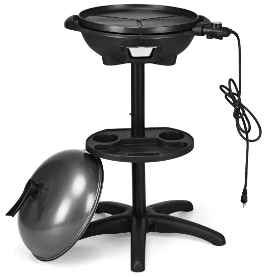 Aluminum Electric Grill with Hood, Non-Stick Plate and Condiment Tray Black {6}