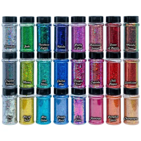 Makerflo Holographic Chunky Glitter Variety Set Iridescent Glitter for Resin Arts and Crafts, DIY Tumblers, Body Nail, Glitter for Any Crafts and Personalization - Set of 24 / 2 oz Each {1}