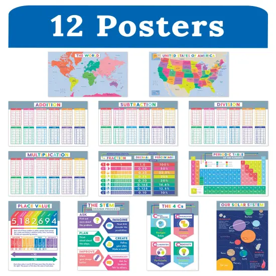Carson Dellosa 12PC Educational Posters, 11" x 17" Maps, Addition, Place Value, Subtraction, Division, Multiplication Charts and Science Wall Art, Cross-Curricular Classroom Decor and Teacher Supplies {2}