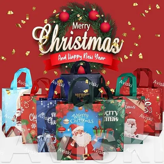 8 PCS Christmas Gift Bags,Christmas Tote Bags with Handles, Christmas Treat Bags, Multifunctional Non-Woven Christmas Bags for Gifts Wrapping Shopping, Xmas Party Supplies, 12.2×9.8×4.5inch {6}