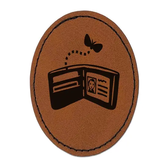 Empty Wallet Billfold Broke Round Iron-On Engraved Faux Leather Patch Applique - 2.5" Brown {1}