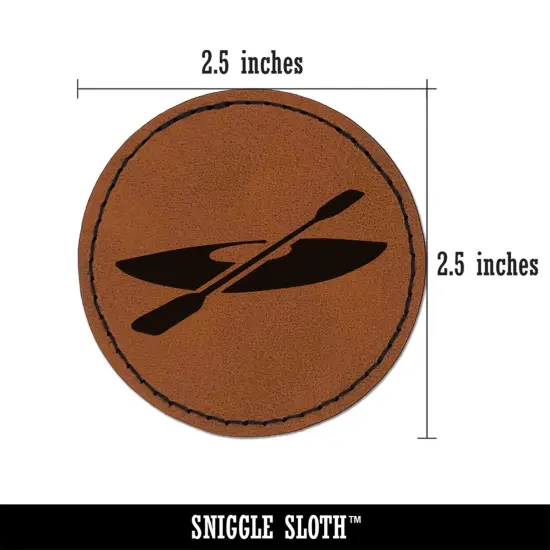 Kayak with Paddle Round Iron-On Engraved Faux Leather Patch Applique - 2.5" Brown {3}