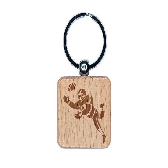 Cartoon American Football Catching Ball Engraved Wood Square Keychain Tag Charm {1}