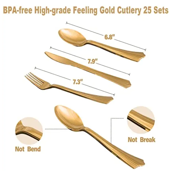 175 Pieces Black and Gold Party Supplies, Severs 25 Disposable Party Dinnerware Gold Plastic Forks Knives Spoons and Golden Dot Black Paper Plates Black Napkins Cups for New Years Graduation Birthday {6}