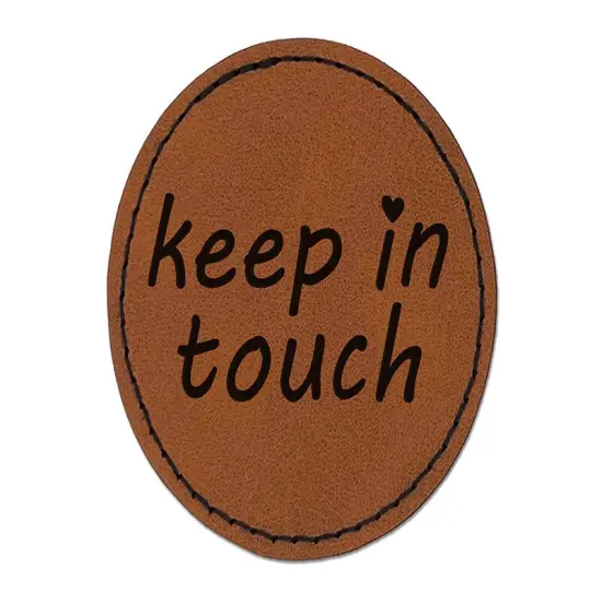 Keep in Touch with Heart Round Iron-On Engraved Faux Leather Patch Applique - 2.5" Brown {1}