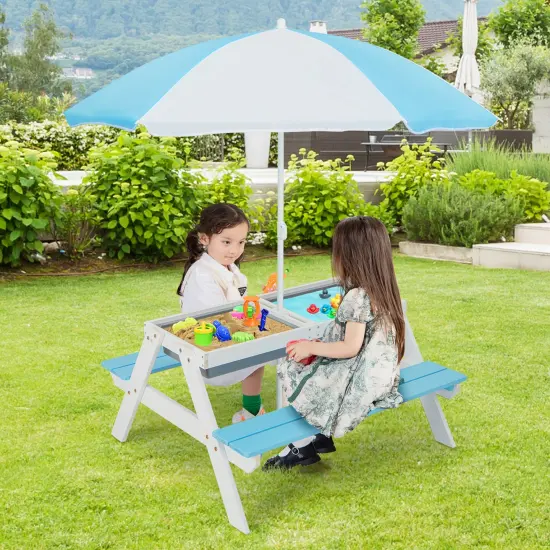 Costway 3-in-1 Kids Picnic Table Wooden Outdoor Sand & Water Table with Umbrella Play Boxes Natural/Blue/Green {3}