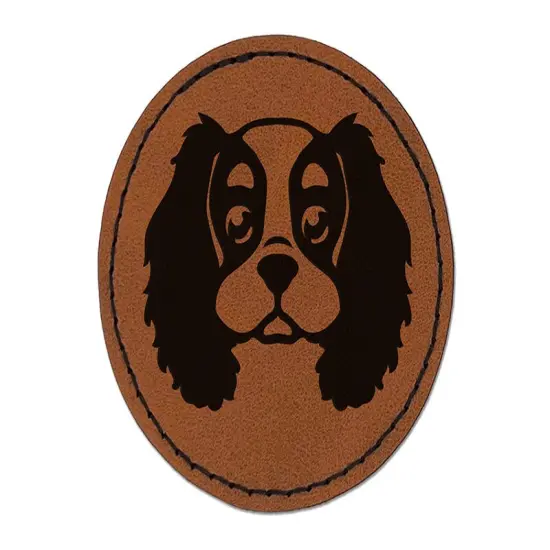 Cartoon Cavalier King Charles Spaniel Head Round Iron-On Engraved Faux Leather Patch Applique - 2.5" Brown {1}