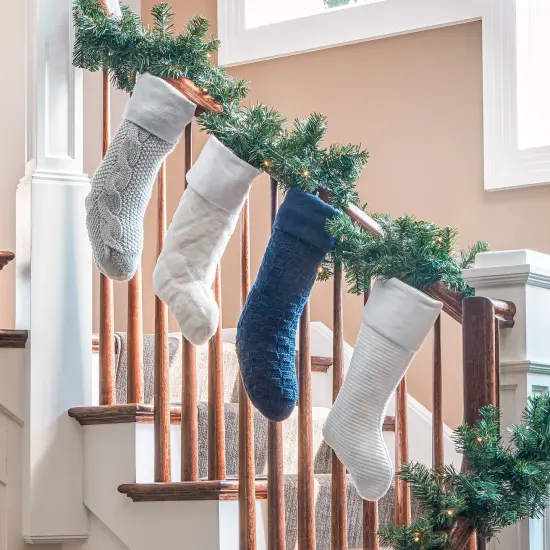 Chunky Checkered Knit Christmas Stockings Navy Blue {2}