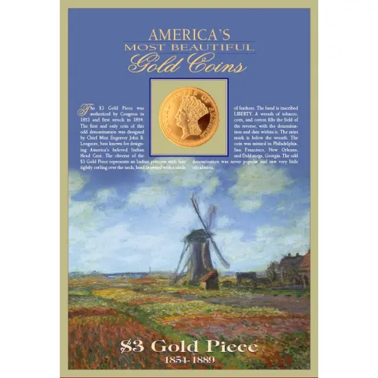 Tribute to America's Most Beautiful Coins - $3 Gold Piece 1854-1889 Replica Coin {2}