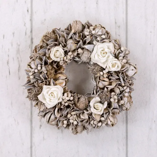 Northlight Glittered White Roses Winter Botanicals Artificial Christmas Wreath - 9.5" - Unlit Brown {5}
