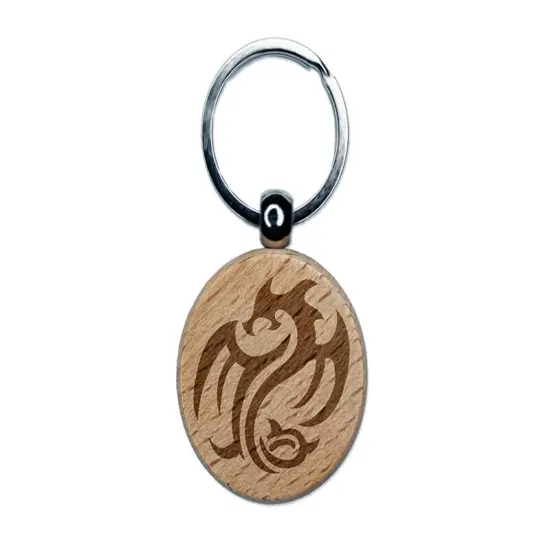 Tribal Dragon Swirl Engraved Wood Round Keychain Tag Charm {1}