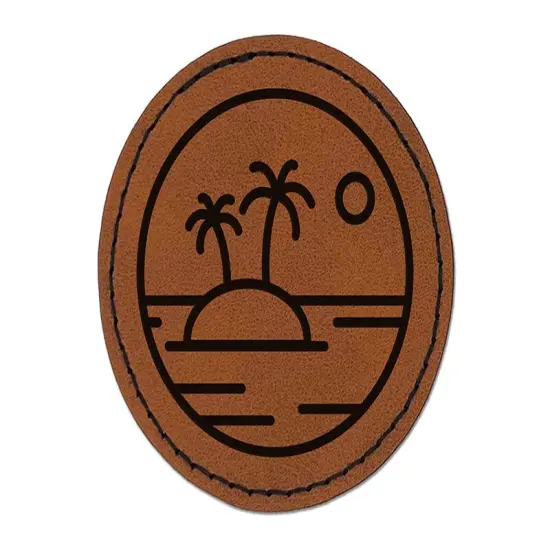 Deserted Island in Ocean Round Iron-On Engraved Faux Leather Patch Applique - 2.5" Brown {1}