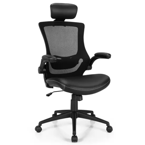 Costway Mesh Back Adjustable Swivel Office Chair w/ Flip up Arms Leather Seat {1}