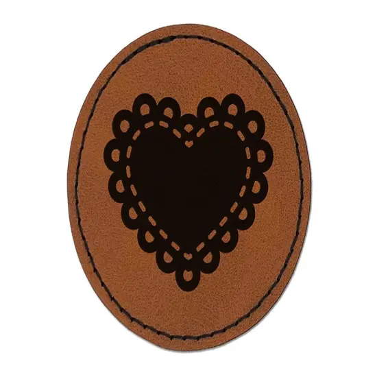 Fancy Heart Doily Love Valentine's Day Round Iron-On Engraved Faux Leather Patch Applique - 2.5" Brown {1}