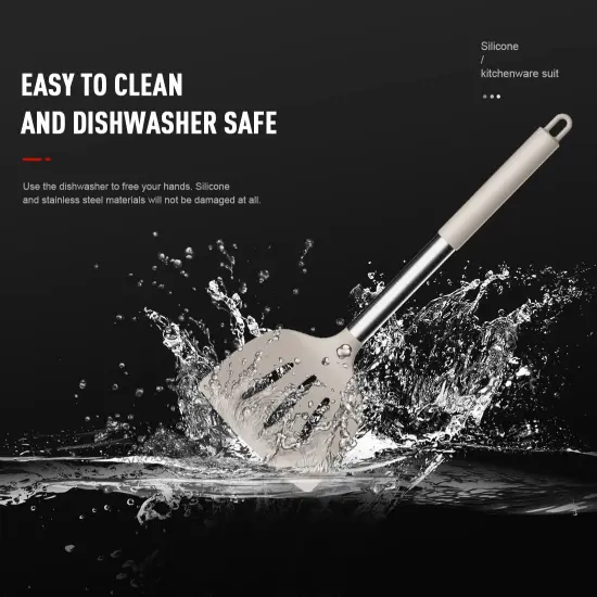 Large Silicone Cooking Utensils Set - Heat Resistant Kitchen Utensils,Turner Tongs,Spatula,Spoon,Brush,Whisk,Stainless Steel Silicone Cooking Tool for Nonstick Cookware,Dishwasher Safe (Khaki) {5}