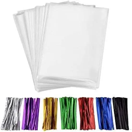 200 Pcs 10 in x 6 in(1.4mil.) Clear Flat Cello Cellophane Treat Bags Good for Bakery, Cookies, Candies,Dessert with five random color Twist Ties! {1}