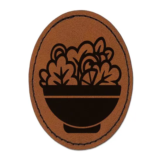Bowl of Salad with Lettuce Tomato and Onion Round Iron-On Engraved Faux Leather Patch Applique - 2.5" Brown {1}