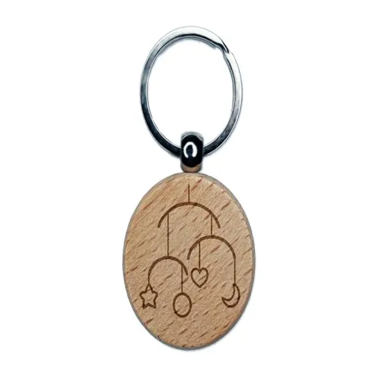 Baby Mobile Heart Star Moon Engraved Wood Round Keychain Tag Charm {1}