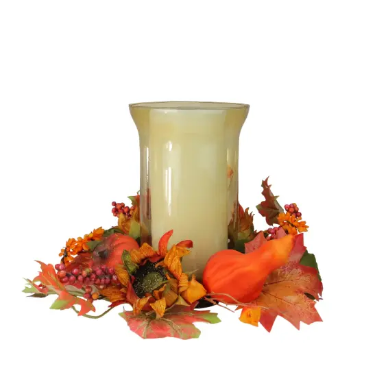 Northlight 16" Artificial Orange Fall Flowers and Pumpkins Pillar Candle Holder {1}
